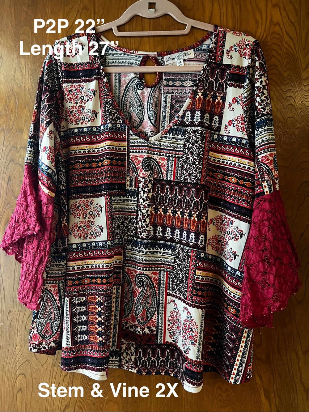 Women’s Boho Patchwork Tunic Top - Crimson/Black 2X